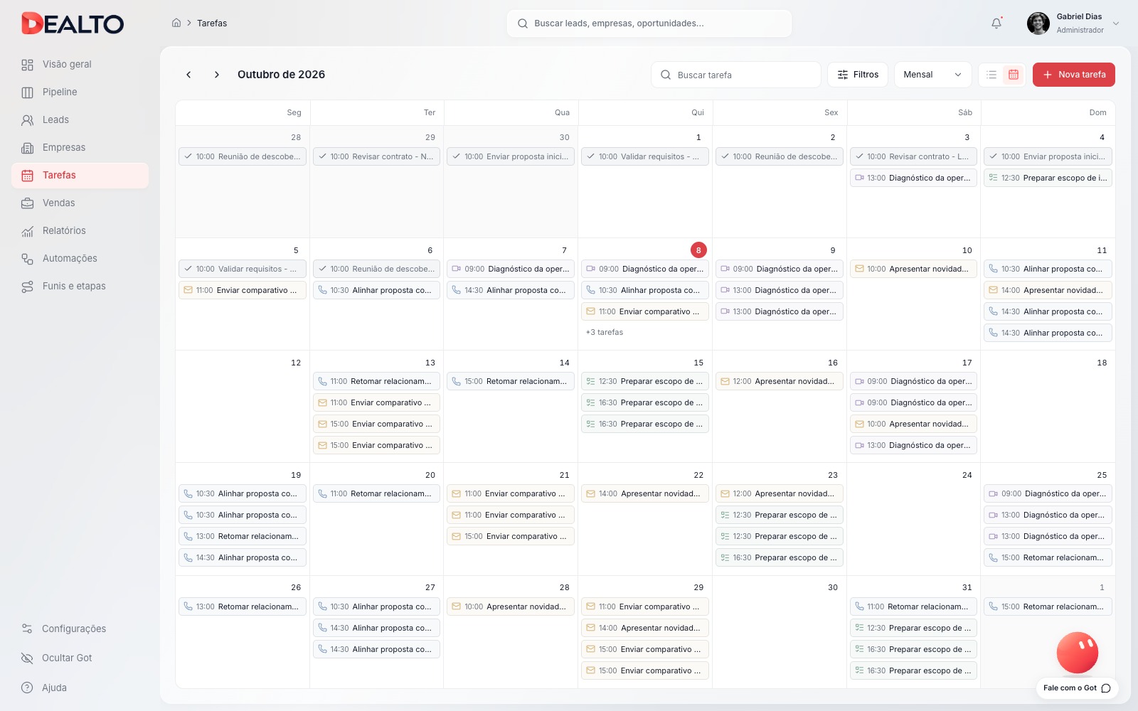 Calendário mensal de tarefas da Dealto com reuniões, ligações e retornos distribuídos pelos dias.